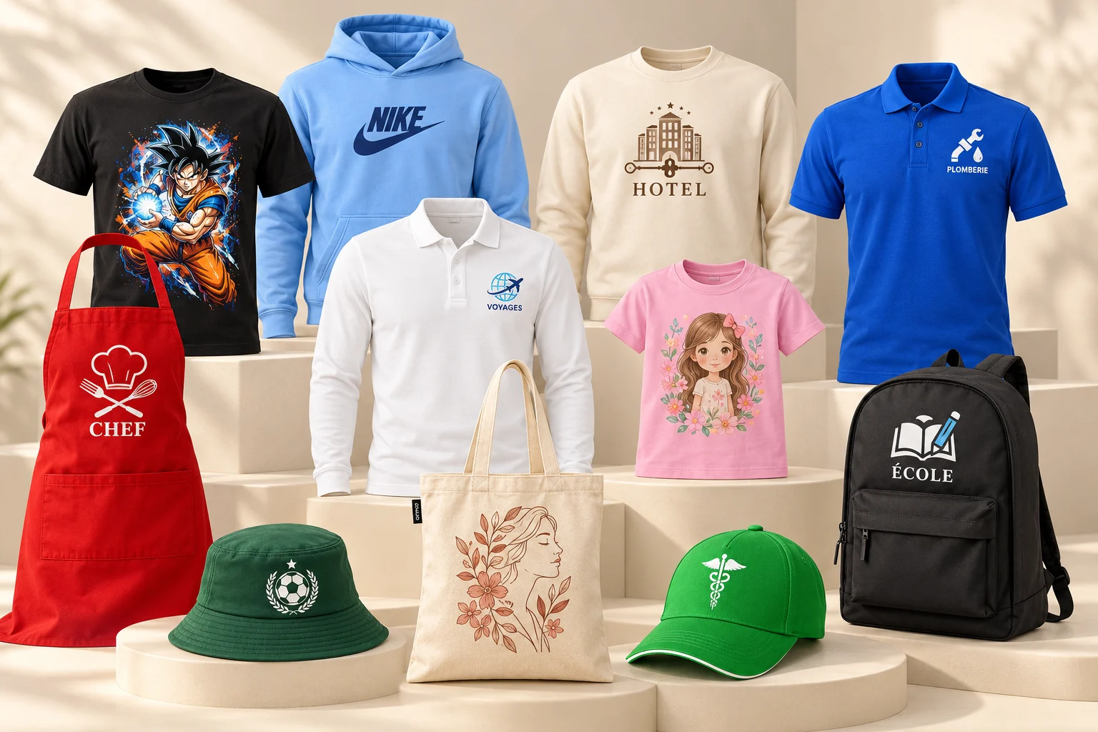 Nos vêtements et accessoires imprimés : t-shirts, polos, sweat, hoodie, tablier, sacs, bob et casquette